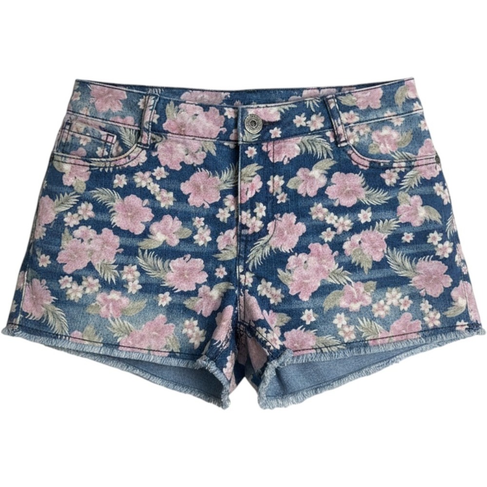 Rewash Blue Denim Floral Print Frayed Cut Off Shorts Pink Tropical Size 9